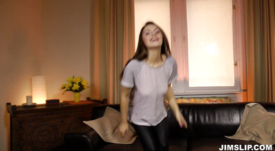 Bewitching Dominica with large tits opens her mouth wide for the thick sausage