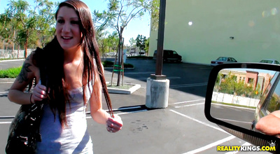 Bawdy brown-haired girl Madison Lace gets on her knees and sucks a chopper